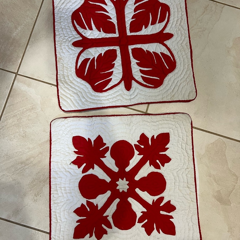 Handmade Red & White Hawaiian Quilt Squares - Set of 2